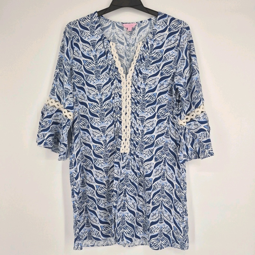 Lilly Pulitzer Hollie Tunic Dress White Crotchet Belle Sleeve Beach Rayon Sz L